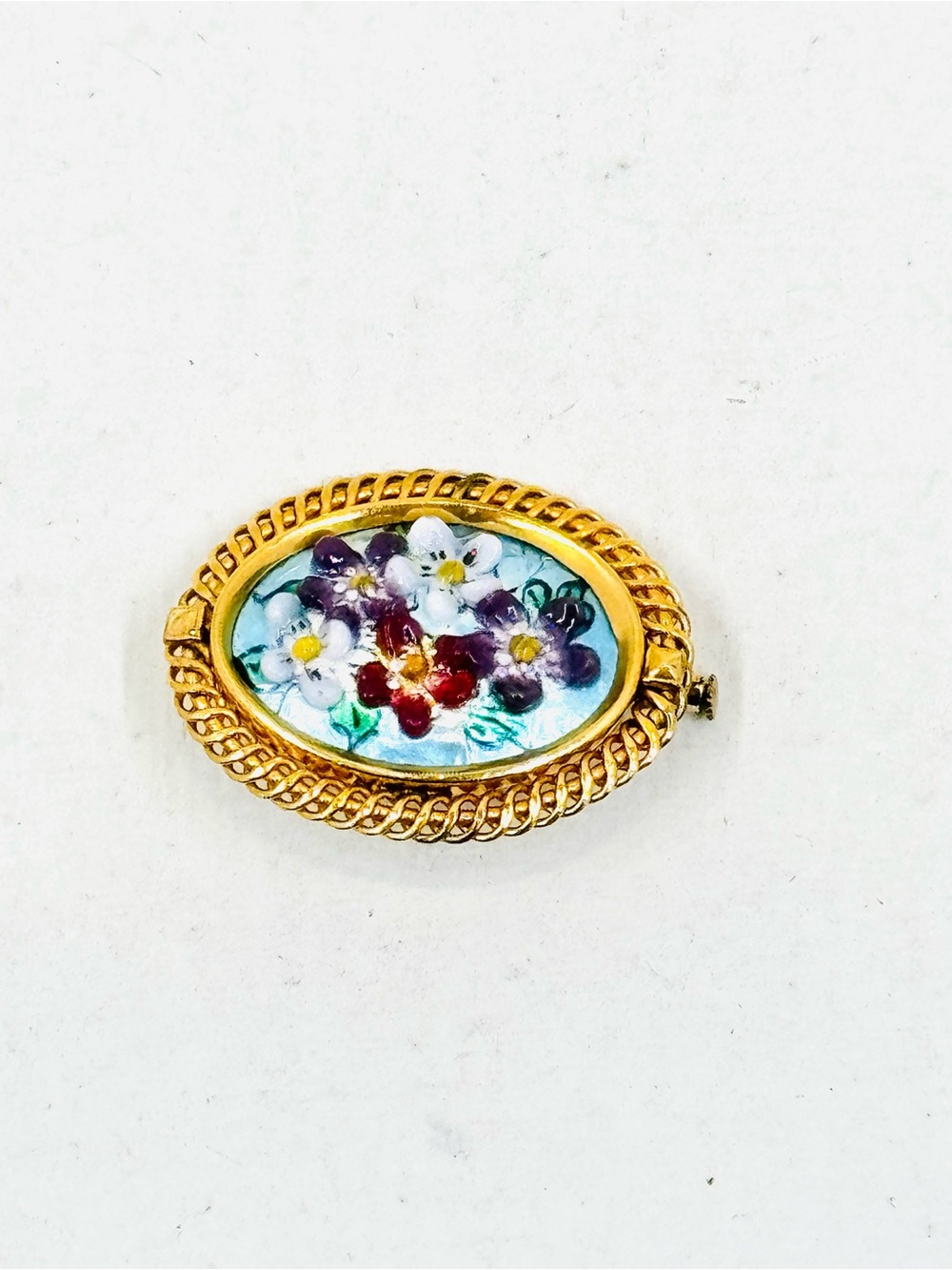 Vintage Gold Tone French Hand Painted Floral Limoges Oval Brooch 1.5”X1”